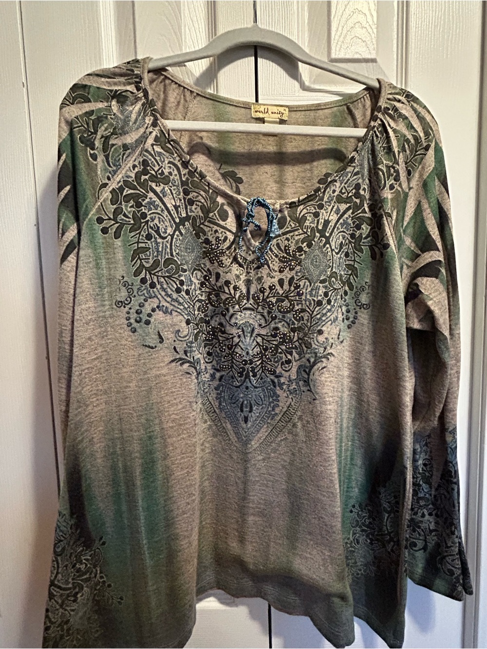 Embellished Grey and Green Long-Sleeve Women's Top by World Unity